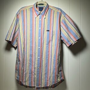 Faconnable Men's Large Button Down Short Sleeve Shirt Striped Casual Cotton